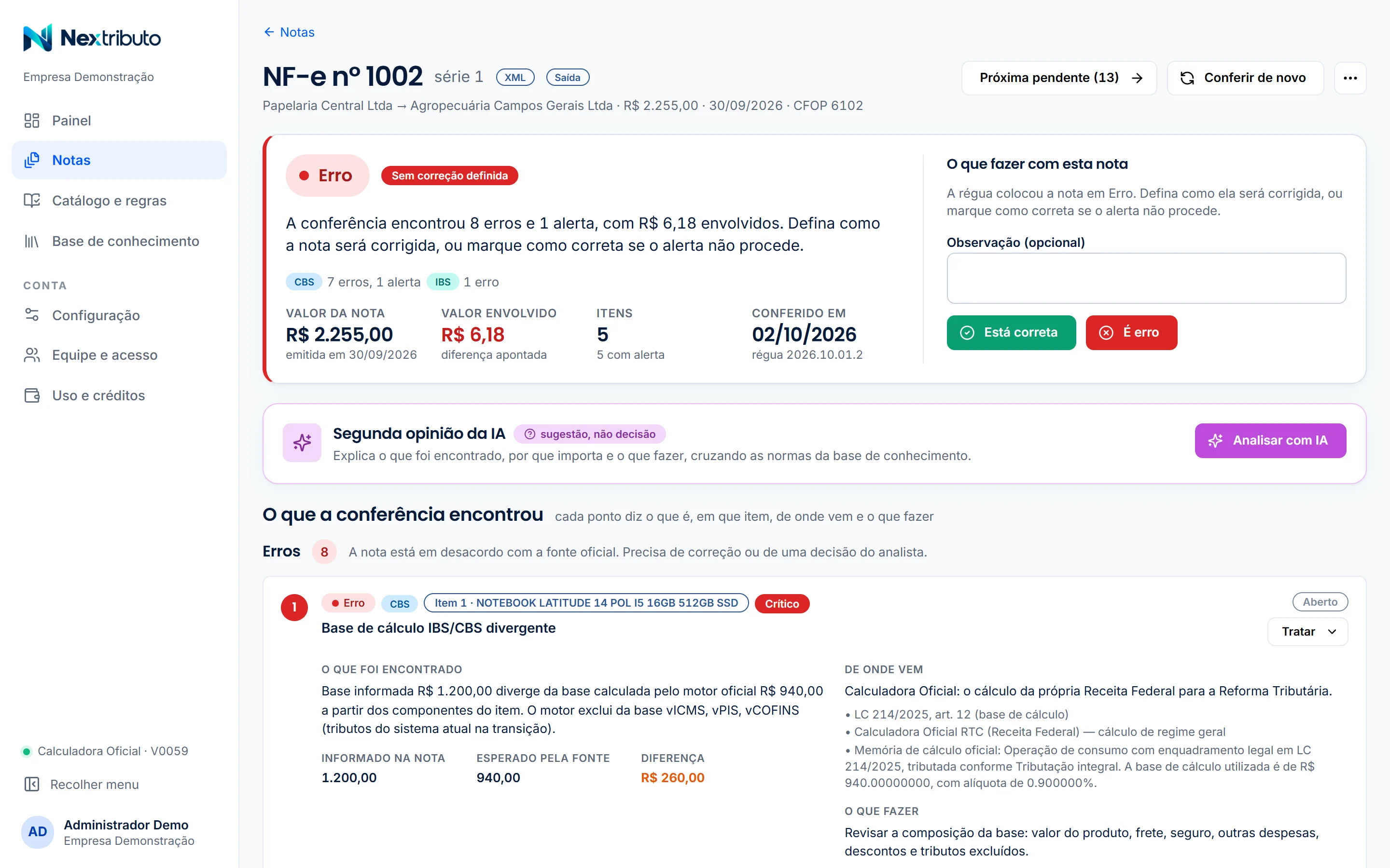 Análise de uma NF-e: veredito, valor envolvido, decisão do analista e os achados com a fonte
